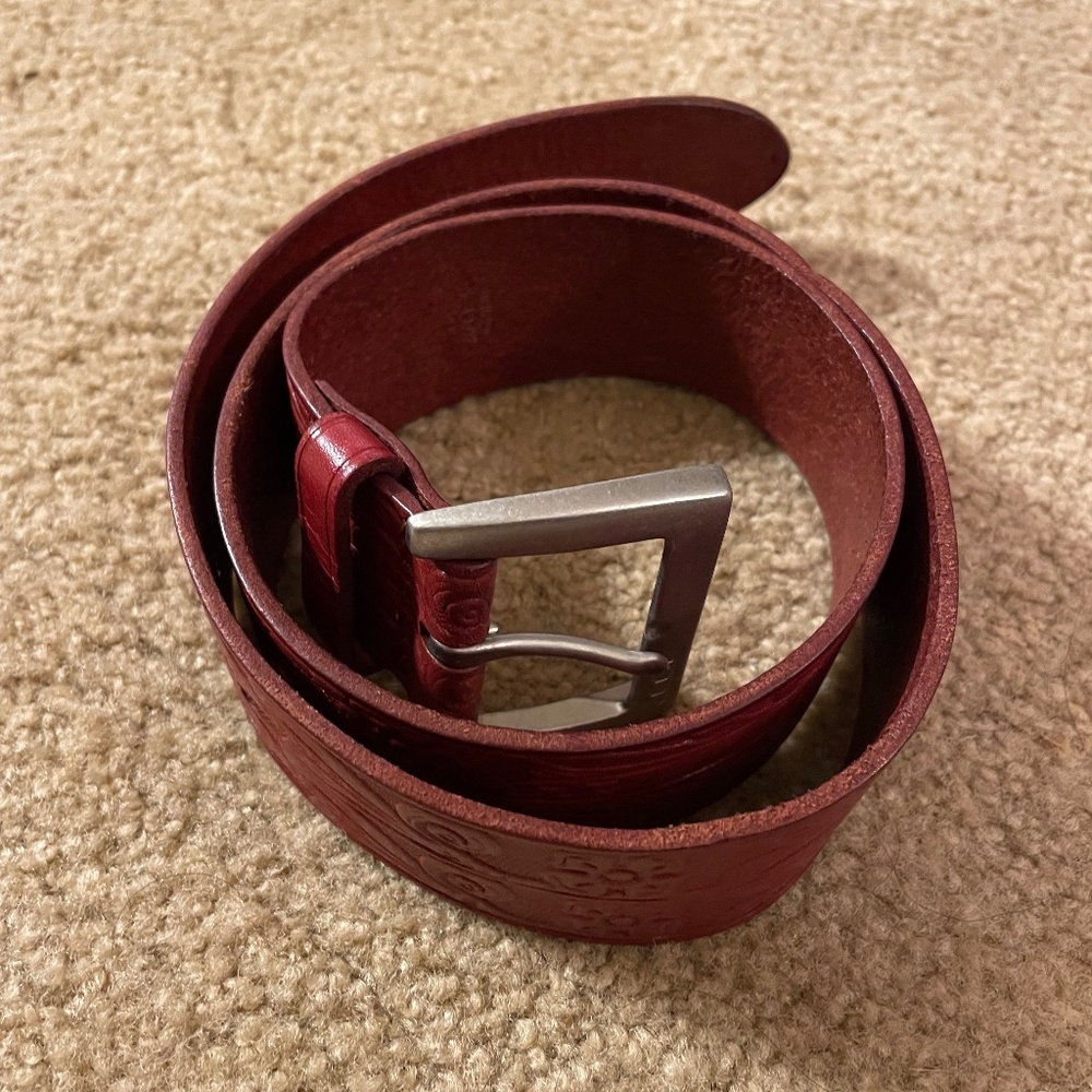 Ralph Lauren Red Leather Tooled Belt, 35 inches long, Size Small.